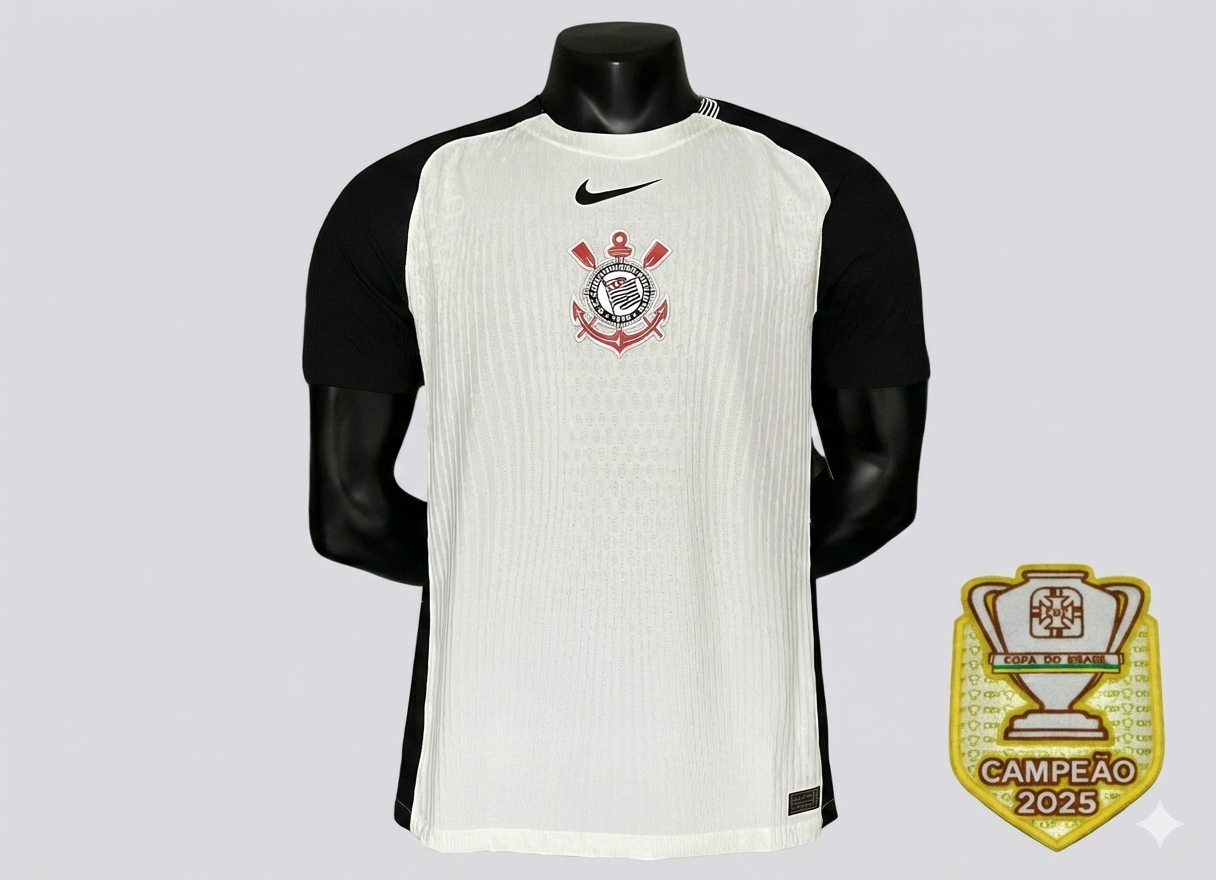 Camisa Corinthians Titular 2025/26 - Versão Jogador Preto e Branco